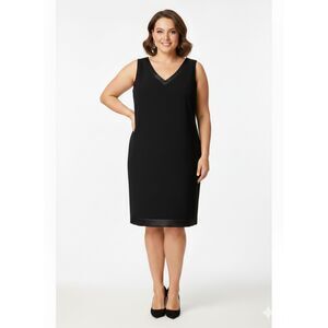 Amanda Smith A Line Black LBD Sleeveless Satin Trim Zip Up V Neck Dress Sz 20W